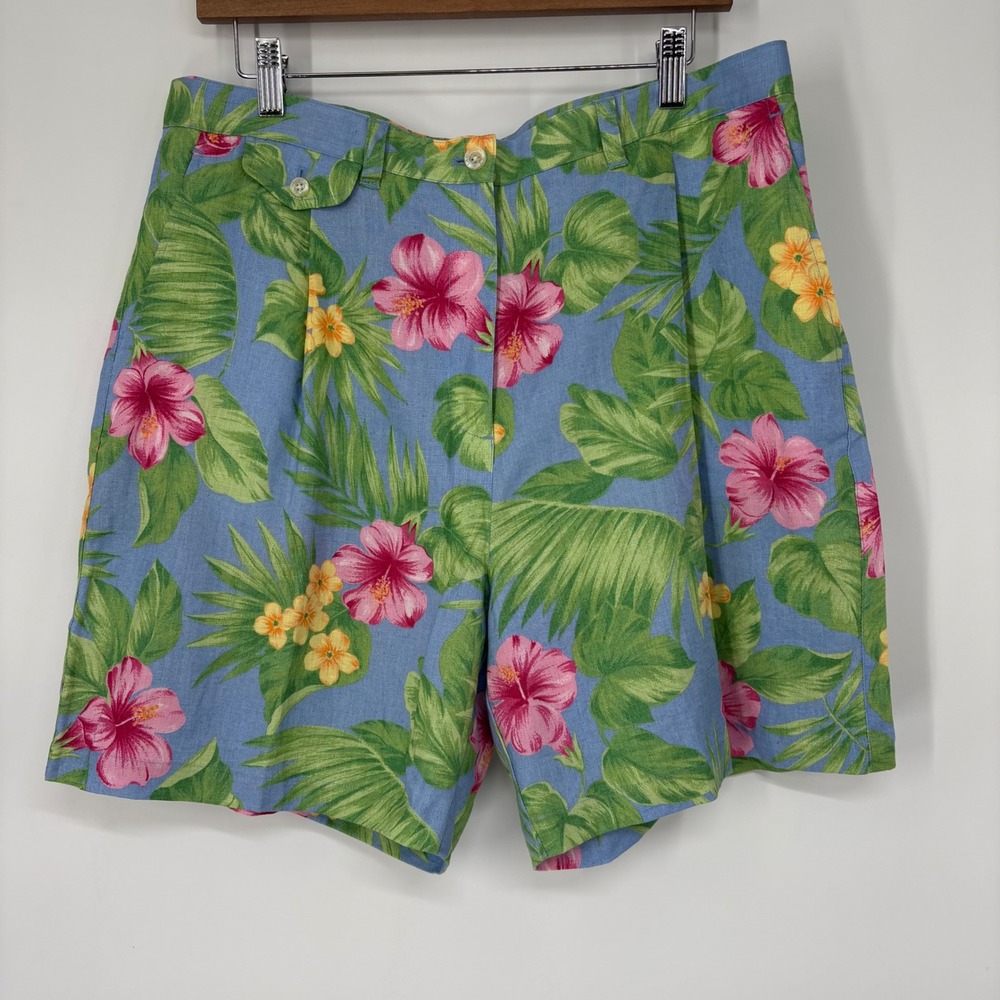 Lauren Ralph Lauren Blue Floral Hibiscus 100% Linen Pleated Shorts 16 Resort